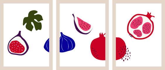 Vector illustration of autumn fruits. Autumn poster with figs and pomegranate. Abstract shapes of fall object.