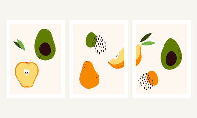 Vector illustration of autumn fruits. Autumn poster with avocado and pears. Abstract shapes of fall object.