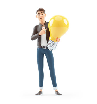 3d cartoon man pointing at big light bulb