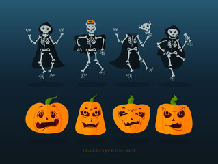 Great for creepy fun party themed projects, gifts, packaging. Set for Halloween, pumpkins and skeletons on dark background. Vector halloween decoration set. Halloween design elements.