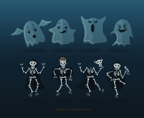 Set for Halloween ghosts and skeletons.Cute skeleton and scary ghost. Halloween holidays cartoon character background.Vector illustration. Can use of banner, brochure, flyer, greeting card.