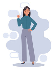 The woman points up with her index finger. Vector illustration.