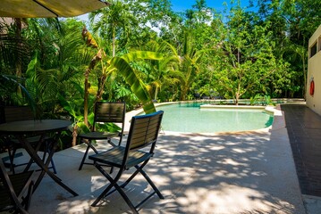 Beautiful swimming pool amidst lush green trees with chairs and table at luxury hotel resort....