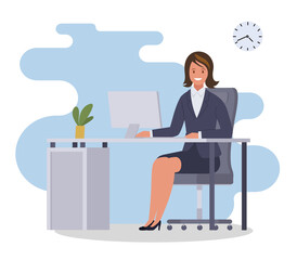 Business woman or a clerk working at her office desk. Vector illustration.