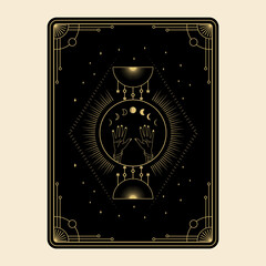 Celestial mystical tarot cards Elements of esoteric, occult, alchemical and witch symbols Zodiac signs Cards with esoteric symbols. Silhouette of hands, stars, moon and crystals spiritual vector