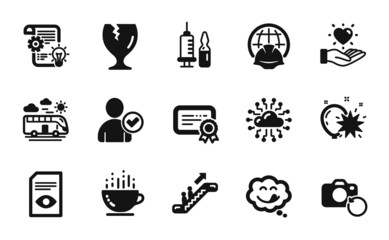 Vector set of Identity confirmed, Medical vaccination and Bus travel icons simple set. Hold heart, Recovery photo and View document icons. Cogwheel, Certificate and Yummy smile signs. Vector