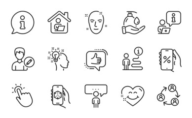 People icons set. Included icon as Work home, Health skin, Edit person signs. Smile face, Idea, Touchpoint symbols. Discounts app, Consulting business, Like. Teamwork, Wash hands, 3d app. Vector