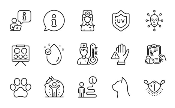Healthcare icons set. Included icon as Dog paw, Prescription drugs, Dont touch signs. Vision board, Pets care, Oculist doctor symbols. Face biometrics, Vitamin e, Thermometer. Medical mask. Vector