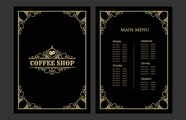 Luxury vintage bakery shop food menu card template ornamental black and golden with emblem logo for hotel cafe bar coffee shop vector print ready