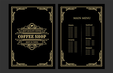 Luxury vintage bakery shop food menu card template ornamental black and golden with emblem logo for hotel cafe bar coffee shop vector print ready