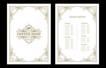 Fototapeta na wymiar Luxury vintage bakery shop food menu card template ornamental black and golden with emblem logo for hotel cafe bar coffee shop vector print ready