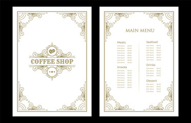 Luxury vintage bakery shop food menu card template ornamental black and golden with emblem logo for hotel cafe bar coffee shop vector print ready