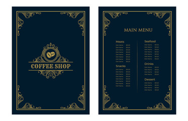 Luxury vintage bakery shop food menu card template ornamental black and golden with emblem logo for hotel cafe bar coffee shop vector print ready
