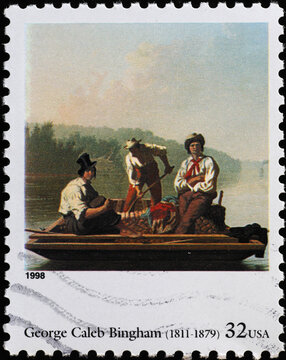 Boatmen on the Missouri by George Caleb Bingham on american stamp