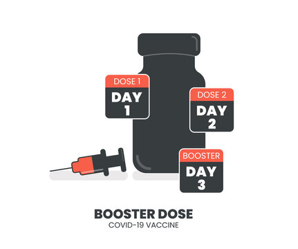 Booster injection to increase immunity or COVID-19 vaccine booster dose concept. Third booster shots vaccine after primer dose. Illustrator vector of Vaccine bottle, syringe, needle and calendar.
