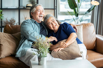 old senior asian retired age marry ciuple wellness lifesstyle together at home,old people laugh...