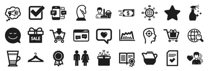 Set of simple icons, such as Internet search, Star, Megaphone icons. Double latte, Special offer, Smartphone sms signs. Sale offer, Restroom, Money transfer. Success, Diploma, Checkbox. Vector