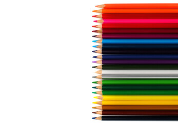 Colorful. watercolor pencils on white background copy space