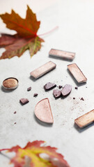  still life composition  of cosmetic eye shadows  on gray background with autumn leaves . Autumn Makeup Concept Cosmetic Texture. vertical, low focus