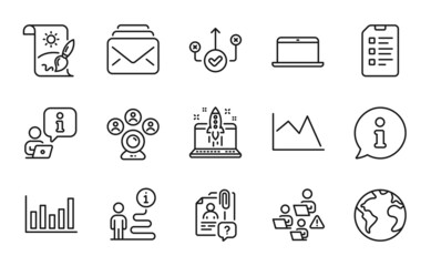 Education icons set. Included icon as Search employee, Line chart, Creative painting signs. Checklist, Column chart, Video conference symbols. Laptop, Mail, Correct way. World planet. Vector