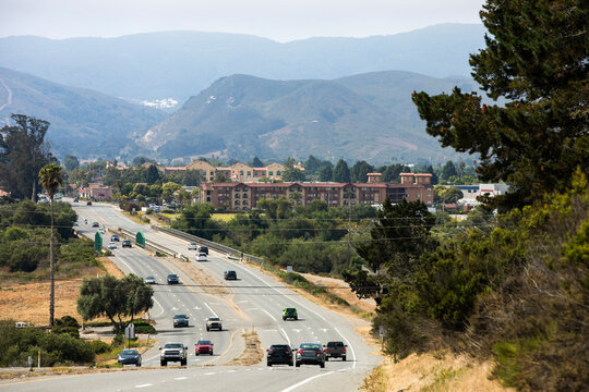 Traffic passes by the downtown area of Lompoc, California, USA.
