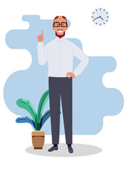The man points up with his index finger. Vector illustration.
