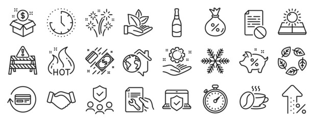 Set of Business icons, such as Wrong file, Time, Handshake icons. Sun energy, Laptop insurance, Increasing percent signs. Work home, Loan, Hot sale. Beer bottle, Snowflake, Post package. Vector