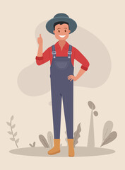 The male farmer points up with his index finger. Vector illustration.