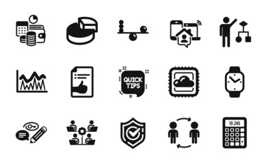 Vector set of Keywords, Work home and Confirmed icons simple set. Investment, Pie chart and Approved document icons. Balance, Budget accounting and Cloud computing signs. Vector