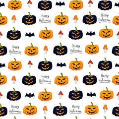 Halloween holiday seamless texture background with pumpkins, fly agarics, bats and inscriptions.