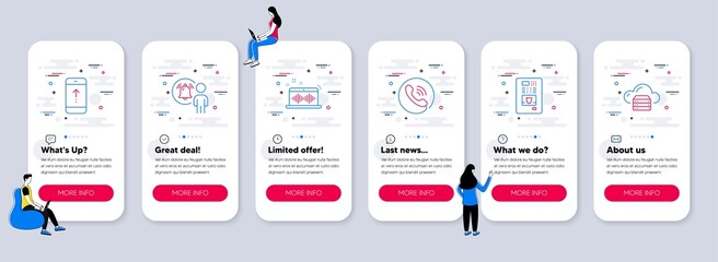 Set of Technology icons, such as User notification, Music making, Swipe up icons. UI phone app screens with teamwork. Coffee vending, Call center, Cloud server line symbols. Vector