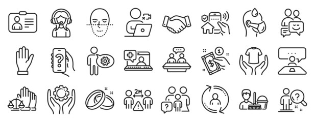 Set of People icons, such as Cleaning service, Social distance, Hold t-shirt icons. Communication, Wedding rings, House security signs. Sick man, Interview job, Employee hand. User info. Vector