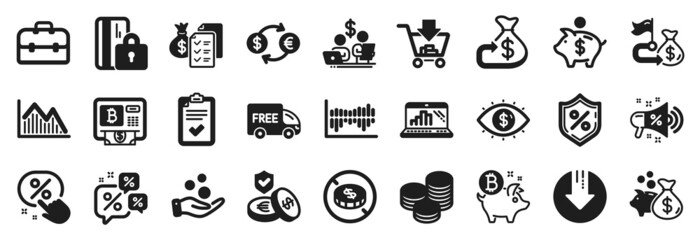 Set of Finance icons, such as Accounting wealth, Budget accounting, Financial goal icons. Discounts chat, Currency exchange, Column diagram signs. Piggy bank, Tips, Graph laptop. Cashback. Vector