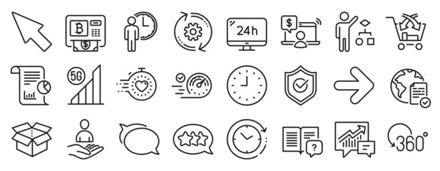 Fototapeta na wymiar Set of Technology icons, such as Stars, Cross sell, Approved shield icons. Waiting, Online shopping, Accounting signs. Online voting, Timer, 5g wifi. Full rotation, Report, Time change. Vector