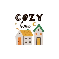 Cozy home. Cute little forest houses in night, moon and cloud, hand drawn doodle scandinavian style, square print for t-shirt and nursery, card and poster, woodland vector isolated illustration