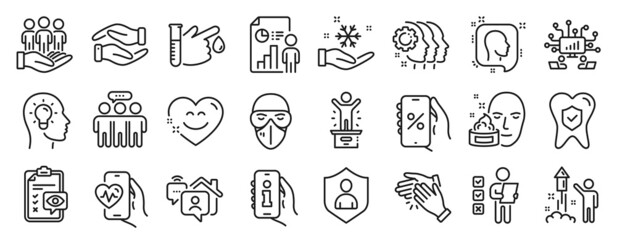 Set of People icons, such as Blood donation, Voting ballot, Eye checklist icons. Dental insurance, Info app, Teamwork signs. Best buyers, Medical mask, Business report. Face cream, Head. Vector
