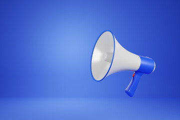 Realistic white megaphone or bullhorn speaker Isolated modern megaphone speaker on blue background - 3D rendering.