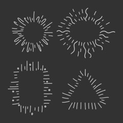 Fototapeta premium Hand drawn decorative starburst frame set. Outline shining star with geometric frames and copy space. Minimal explosion firework. Contour line sketch radial sunbeams. Vector isolated template