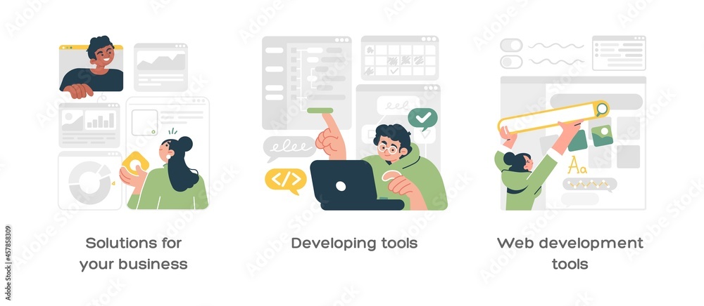 Poster web development abstract concept vector illustration set. business solution, web development tools a
