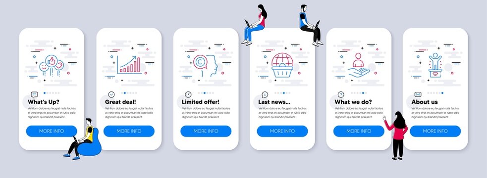 Business icons set. UI phone app screens with teamwork. Included icon as Recruitment, Like, Writer signs. Online shopping, Graph chart, Winner podium line icons. Vector