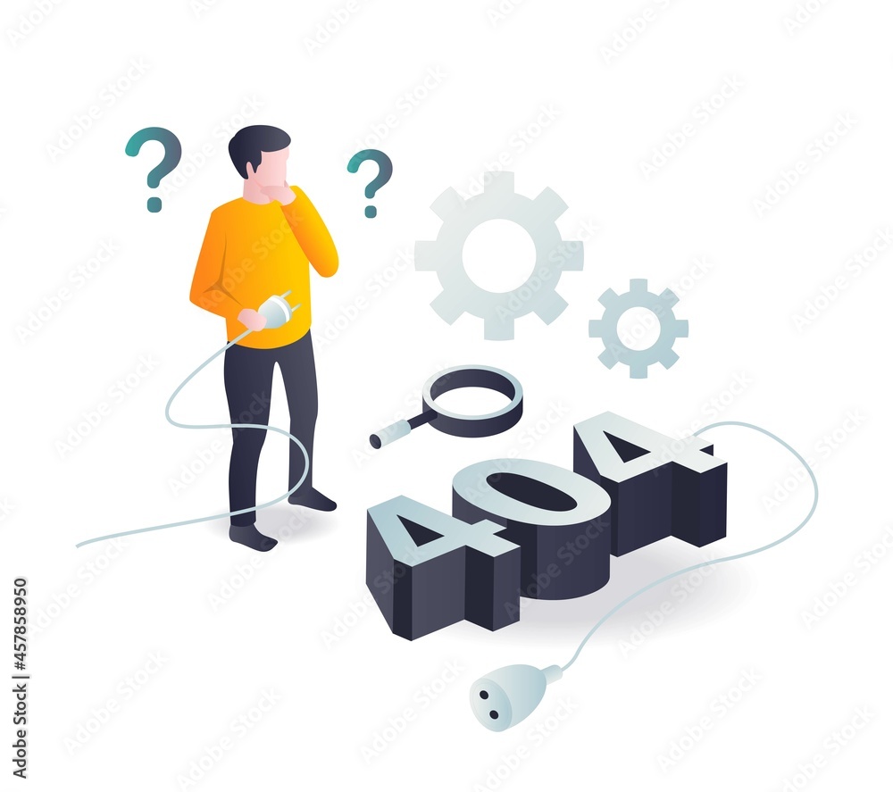 Poster flat isometric illustration concept. someone is confused with the 404 problem