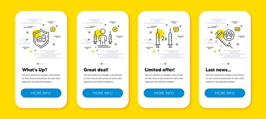 Vector set of Medical tablet, Coronavirus injections and Coronavirus vaccine line icons set. UI phone app screens with line icons. Dog vaccination icon. Vector