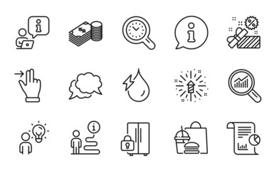 Business icons set. Included icon as Refrigerator, Data analysis, Fast food signs. Chat message, Sale, Report symbols. Fireworks explosion, Hydroelectricity, Time management. Group people. Vector
