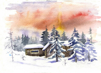 Winter watercolor landscape. Winter sketch Watercolor landscape Landscape with forest and nature Watercolor