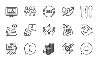Business icons set. Included icon as Coins, Smile chat, Online video signs. Full rotation, Presentation, Safe energy symbols. Group, Food, 24 hours. Coupons, Chemistry dna, Leaf dew. Vector