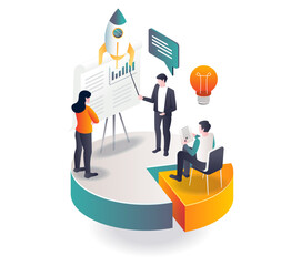 Meeting launches new products in isometric illustration