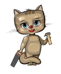 Cute cartoon Kitten the carpentry with a saw and a hammer. Flat style. Helps dad. Picture for children. Funny kid animal. Isolated on white background. Vector