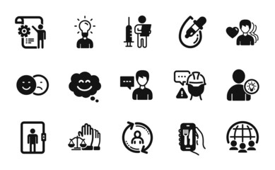 Vector set of Court jury, Global business and Person talk icons simple set. Settings blueprint, User info and Elevator icons. Vaccination announcement, Smile chat and Man love signs. Vector