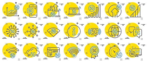 5G technology line icons. Mobile network, fast internet, phone connection. Hotspot signal, mobile telecommunications, wifi internet icons. 5G cellular network technology. Info center bubble. Vector