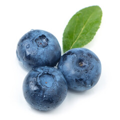 Fresh blueberries with leaves. Berry isolated on white background
